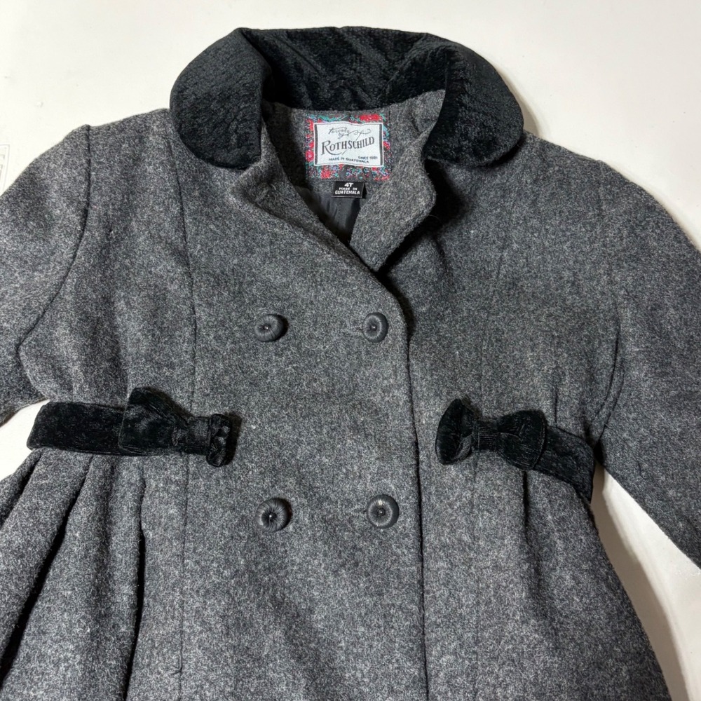 Vintage Rothschild Girls 4T Charcoal Gray Wool Velvet Double Breasted Coat